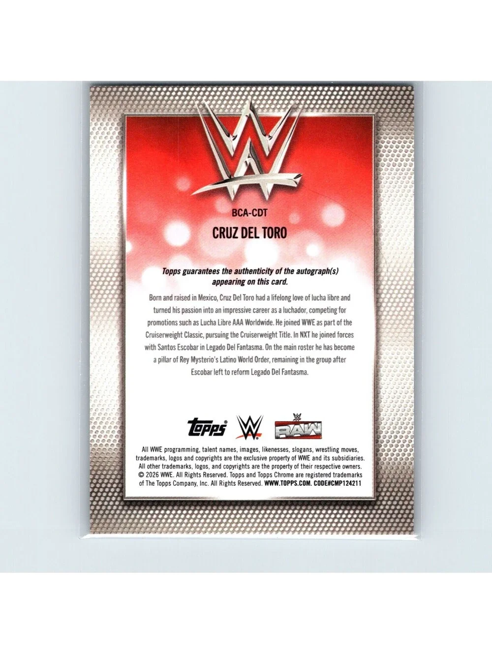 2026 Topps Chrome WWE Cruz Del Toro #BCA-CDT Base Auto Blue Refractor #/150